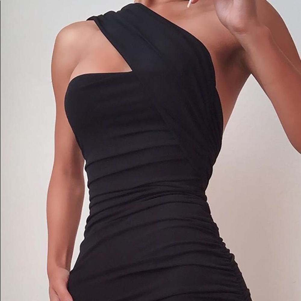Midi Length Black Stretchy One Shoulder Dress